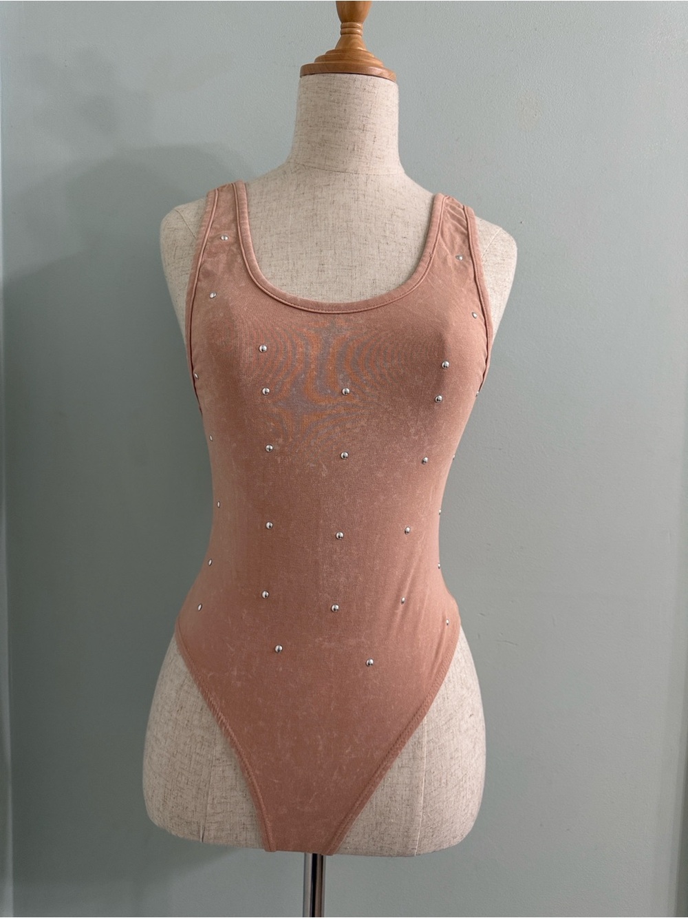 Y2K Blush Nude Pink Tye Dye Bodysuit Top Silver Studs Size XS S